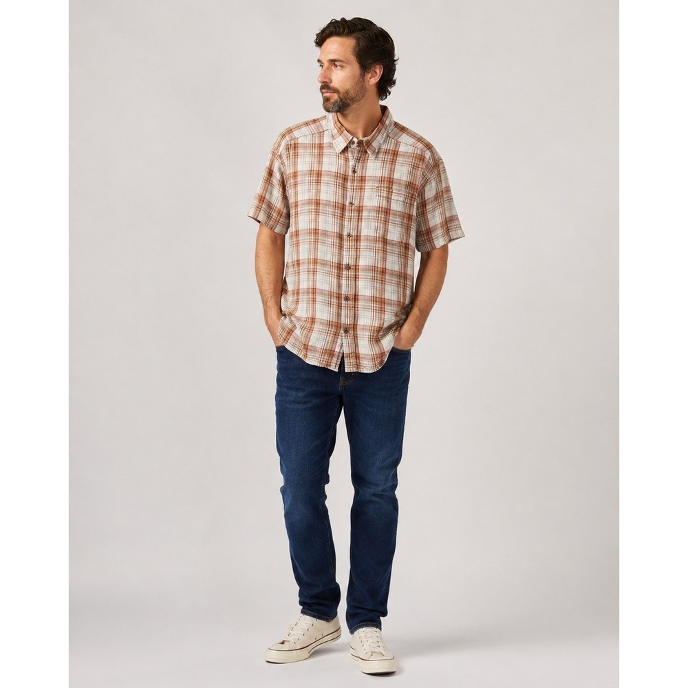 Kavu Button Front Camp Shirt Mens XL Orange White‎ Plaid Cotton